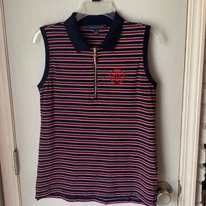 Tommy Hilfiger striped sleeveless polo top shirt with 3/4 zip.